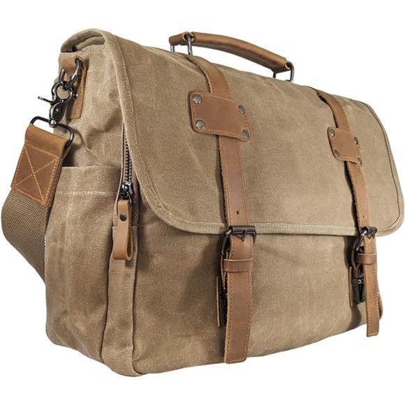 Canvas Messenger Bag for Men Laptop Case Satchel  Genuine Leather